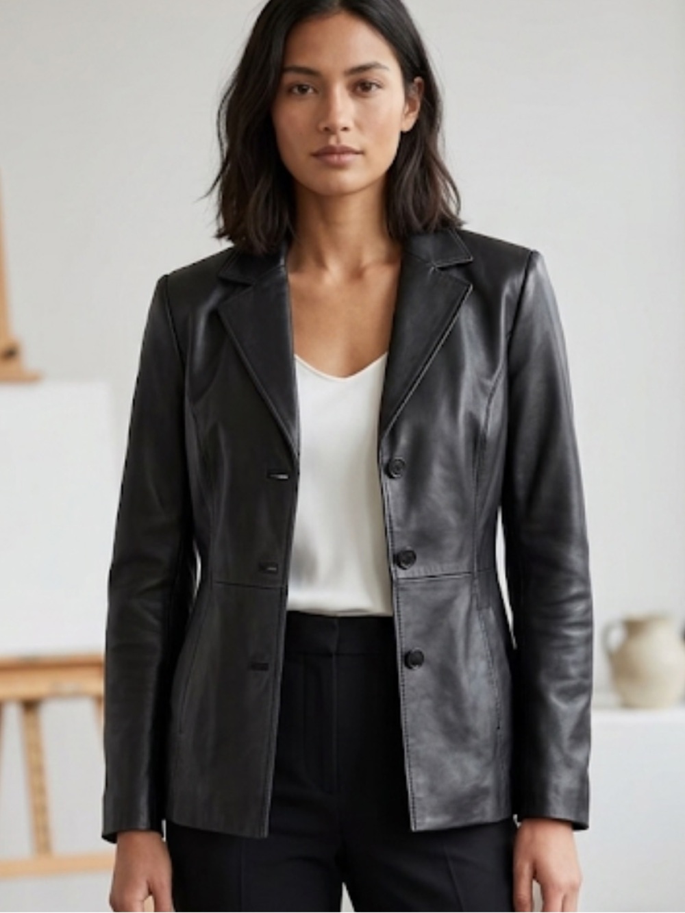 Danier Vintage Black Leather Blazer Jacket Notch Lapel Size XSmall⭐️